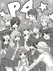  5girls 6+boys :d amagi_yukiko copyright_name doujima_nanako doujima_ryoutarou gakuran greyscale hanamura_yousuke ichijou_kou kujikawa_rise kuma_(persona_4) long_sleeves looking_at_viewer monochrome multiple_boys multiple_girls nagase_daisuke narukami_yuu open_mouth pants persona persona_4 satonaka_chie school_uniform shirogane_naoto smile standing tatsumi_kanji tegaki 