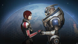  1boy alien armor commander_shepard commander_shepard_(female) commentary_request couple female garrus_vakarian highres holding_hands interspecies lipstick makeup mass_effect_(series) mass_effect_2 mass_effect_3 photoshop_(medium) planet power_suit red_hair short_hair space straight turian wei 