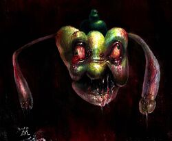  absurdres albrecht1471 bad_id bad_pixiv_id bloodshot_eyes highres horror_(theme) no_humans okaasan_to_issho parody photoshop_(medium) saliva sharp_teeth spoo teeth 