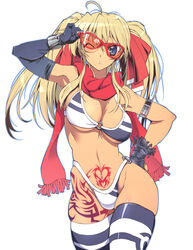  adjusting_eyewear ahoge arm_up armpits bare_shoulders bikini black_gloves blonde_hair blue_eyes breasts commentary_request cowboy_shot elbow_gloves female glasses gloves hand_on_own_hip highleg highleg_bikini highres leg_tattoo long_hair medium_breasts o-ring o-ring_bikini one_eye_closed original pubic_tattoo rakko_(r2) simple_background skindentation solo striped_clothes striped_thighhighs sunglasses swimsuit tattoo thighhighs white_background 