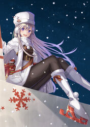  azur_lane belt black_belt black_pantyhose blush christmas coat commentary earmuffs enterprise_(azur_lane) enterprise_(reindeer_master)_(azur_lane) female floating_hair from_below gloves grey_hair hat highres long_hair looking_at_viewer night night_sky official_alternate_costume open_mouth pantyhose pom_pom_(clothes) purple_eyes rurukuru scarf sitting skates sky smile snowflake_print snowing solo stuffed_deer underbust white_footwear white_gloves white_hat white_scarf winter winter_clothes winter_coat 