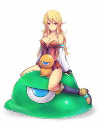  :o arm_support bare_shoulders blonde_hair blue_eyes blush boots breasts cleavage commentary_request detached_sleeves elf esper_(saga_2) female fingerless_gloves gloves kara_(color) knee_boots large_breasts long_hair pointy_ears red_eyes saga saga_2 shiny_skin simple_background sitting teacher_(saga_2) 