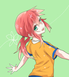  1boy bad_id bad_pixiv_id from_behind green_eyes inazuma_eleven_(series) inazuma_eleven_go kirino_ranmaru looking_back male_focus open_mouth pimgier raimon red_hair simple_background soccer_uniform solo sportswear twintails 