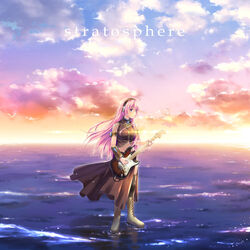  black_thighhighs blue_eyes boots cloud commentary_request detached_sleeves electric_guitar female fender_stratocaster guitar headphones horizon instrument long_hair long_skirt megurine_luka minakami_nagara photoshop_(medium) pink_hair side_slit skirt sky thighhighs vocaloid 