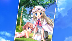  2girls arizuki_shiina blue_eyes bow brown_hair cape day dress hat highres kneeling kud_wafter little_busters! little_busters!_school_uniform long_hair lying multiple_girls na-ga noumi_kudryavka oerba_yun_fang official_art official_wallpaper on_stomach outdoors pink_bow quad_tails school_uniform smile thighhighs tree 