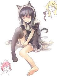  1boy 2girls ^_^ ^q^ akasaka_ryuunosuke animal_ears bad_id bad_pixiv_id barefoot black_hair blonde_hair blush_stickers brown_eyes cat_ears cat_tail chibi closed_eyes crossdressing doyou_tengoku_pikaraji dress dress_tug embarrassed feet gradient_hair long_hair maid maid-chan_(sakura-sou) maid_headdress multicolored_hair multiple_girls oerba_yun_fang otoko_no_ko pink_hair rita_ainsworth sakura-sou_no_pet_na_kanojo single_thighhigh sitting soles tail tears thighhighs toes very_long_hair 