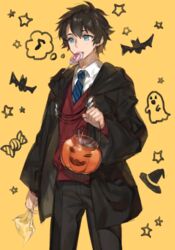  1boy bad_id bad_pixiv_id basket bat_(animal) black_coat black_hair black_pants blue_eyes blue_necktie candy chocoan coat collared_shirt cowboy_shot fate/grand_order fate_(series) food food_in_mouth fujimaru_ritsuka_(male) fujimaru_ritsuka_(male)_(mage&#039;s_association_uniform) ghost halloween holding holding_basket lollipop male_focus necktie official_alternate_costume pants shirt solo star_(symbol) striped striped_necktie sweater white_shirt yellow_background 