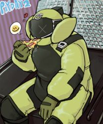  1boy :d bad_id bad_pixiv_id bomb_suit bulldozer_(payday) food nkatazmukai open_mouth payday_(series) payday_2 pizza smile 