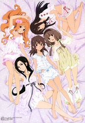  5girls :d absurdres aoi_akira barefoot black_hair blush brown_hair feet footsies glasses highres kominato_ruuko kurebayashi_yuzuki long_hair megami_magazine multiple_girls nightgown official_art open_mouth orange_hair pajamas sakai_kyuuta selector_wixoss short_hair shorts smile uemura_hitoe urazoe_iona wixoss 