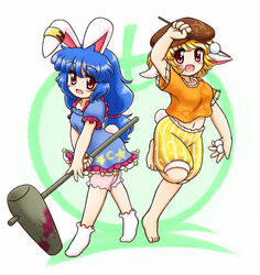  2girls :d ambiguous_red_liquid animal_ears apple barefoot beret blonde_hair blue_dress blue_hair blush_stickers bobby_socks breasts brown_hat collarbone commentary_request crescent dango dress ear_piercing earclip floppy_ears food frilled_dress frills fruit full_body hat holding holding_food kine long_hair looking_at_viewer low-tied_long_hair mallet medium_breasts midriff multiple_girls navel nitamago open_mouth orange_shirt piercing puffy_short_sleeves puffy_sleeves rabbit_ears rabbit_tail red_ribbon ribbon ringo_(touhou) seiran_(touhou) shirt short_hair short_sleeves shorts skewer small_breasts smile socks stain standing standing_on_one_leg star_(symbol) star_print tail touhou two-tone_background wagashi white_legwear yellow_shorts 