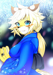  animal_ears blue_eyes blue_kimono blush breasts claws eyebrows_visible_through_hair female female fireworks from_side fullbokko_heroes furry hair_tie hands_together hands_up highres japanese_clothes kimono large_breasts long_sleeves megane_inu no_humans obi outdoors paws ponytail ring sash simple_background smile solo tied_hair upper_body zhang_fei_(fullbokko_heroes) 