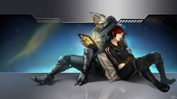  1boy alien casual closed_eyes commander_shepard commander_shepard_(female) commentary_request couple eyeshadow female garrus_vakarian highres hood hoodie interspecies makeup mass_effect_(series) mass_effect_2 mass_effect_3 n7_armor n7_hoodie photoshop_(medium) power_suit red_hair science_fiction scouter short_hair sleeping sleeping_on_person sleeping_upright space straight tablet_pc turian wei 