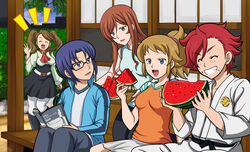  2boys 3girls blue_eyes blue_hair breasts brown_hair casual commentary_request dougi food fruit glasses green_eyes gundam gundam_build_fighters gundam_build_fighters_try hoshino_fumina jacket jimauso kamiki_mirai kamiki_sekai karate_gi kousaka_yuuma long_hair medium_breasts multiple_boys multiple_girls pantyhose ponytail red_hair sazaki_kaoruko scrunchie sitting track_jacket twintails watermelon 