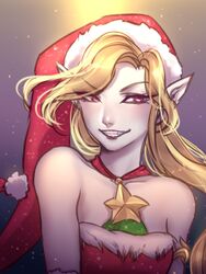  ambitious_elf_jinx blonde_hair bow choker christmas female grin jinx_(league_of_legends) league_of_legends lips long_hair pointy_ears ribbon santa_hat 