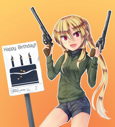  bad_id bad_pixiv_id birthday_cake blonde_hair bullet_hole cake denim denim_shorts dreadtie dual_wielding female food gun happy_birthday highres holding hood hoodie jessica_jefferson long_hair oerba_yun_fang original ponytail red_eyes s&amp;w_m29 shorts sidelocks sign solo turtleneck very_long_hair weapon 