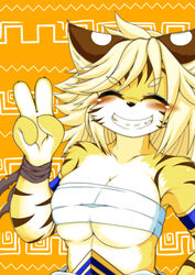  animal_ears armlet armpits bare_shoulders blonde_hair blush breasts claws cleavage closed_eyes collarbone eyebrows_visible_through_hair female female fullbokko_heroes furry hand_up happy highres large_breasts megane_inu no_humans paws sarashi sharp_teeth short_hair simple_background skindentation smile solo teeth two-tone_background underboob upper_body v yellow_background zhang_fei_(fullbokko_heroes) 