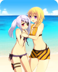  2girls bad_id bad_pixiv_id bikini bikini_skirt blonde_hair braid charlotte_dunois eyepatch grey_hair ine infinite_stratos laura_bodewig long_hair lowleg lowleg_bikini multiple_girls purple_eyes red_eyes skirt swimsuit 