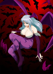  animal_print aqua_hair bare_shoulders bat_(animal) bat_print bat_wings boots breasts bridal_gauntlets cleavage commentary_request demon_girl elbow_gloves female fingerless_gloves fingernails gloves green_eyes head_wings high_heels highres large_breasts legs leotard long_fingernails long_hair long_legs morrigan_aensland nail_polish pantyhose photoshop_(medium) print_pantyhose shoes solo teresa007 thighs vampire_(game) wings 