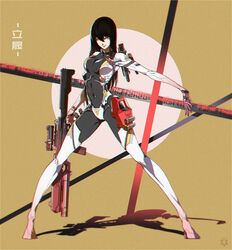  ass_visible_through_thighs black_hair bodysuit brown_eyes chinese_commentary chromatic_aberration commentary_request covered_navel crotch_plate female full_body gun hair_between_eyes highres holding holding_gun holding_weapon kanji legs_apart long_hair looking_at_viewer original rifle science_fiction shadow skin_tight smile solo standing tooot turtleneck weapon 