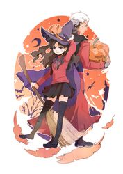  1boy archer_(fate) bad_id bad_pixiv_id broom brown_hair cape dark-skinned_male dark_skin fate/stay_night fate_(series) female halloween hat itumu long_hair pumpkin thighhighs tohsaka_rin two_side_up white_hair witch_hat 