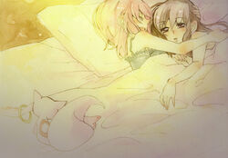  2girls akemi_homura bed black_eyes black_hair camisole closed_eyes commentary_request hug kaname_madoka kyuubee long_hair mahou_shoujo_madoka_magica mahou_shoujo_madoka_magica_(anime) multiple_girls photoshop_(medium) pillow pink_hair short_hair sorato_(astllatte) yuri 