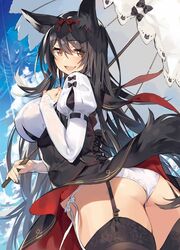  aemochi alternate_costume animal_ears ass bad_id bad_twitter_id black_hair black_thighhighs breasts brown_eyes cloud female garter_straps large_breasts long_hair looking_at_viewer looking_back original panties side-tie_panties sky smile solo tail thighhighs umbrella underwear white_panties 