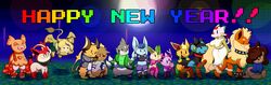  2016 alolan_form alolan_raichu alternate_color animal_crossing anthro arcanine breasts brown_body brown_fur canid canine clothing collar connec cosplay eeveelution english_text espeon fan_character felid female flareon floatzel fur generation_1_pokemon generation_2_pokemon generation_4_pokemon generation_5_pokemon generation_6_pokemon generation_7_pokemon glaceon group hi_res holidays leafeon leggings legwear luxray male mammal matty_wheaty mienshao mustelid mythological_creature mythological_sphinx mythology new_year nintendo oricorio pokemon pokemon_(species) pom-pom_oricorio puff_(softestpuffss) raichu regional_form_(pokemon) scarf simple_background smile softestpuffss standing stockings sylveon text 