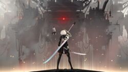  2b_(nier:automata) back_cutout black_dress black_footwear black_gloves black_hairband black_thighhighs boots brown_thighhighs clothing_cutout commentary_request dress drone female floating from_behind full_body gloves glowing glowing_eyes hairband highres holding holding_sword holding_weapon huge_weapon juliet_sleeves legs_apart long_sleeves machinery nier:automata nier_(series) pod_(nier:automata) puffy_sleeves red_eyes robot sein_(tgf19911119) short_dress short_hair side_slit solo standing sword thigh_boots thighhighs turtleneck vambraces weapon weapon_on_back white_hair 