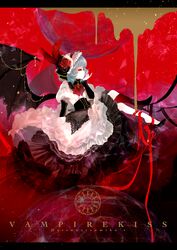  alternate_costume bat_wings blue_hair commentary female flower frilled_skirt frills grey_hair hat hatsunetsumiko&#039;s letterboxed mochinue neck_ribbon red_eyes red_theme remilia_scarlet ribbon rose short_hair skirt solo touhou wings 