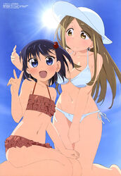  2girls absurdres age_difference barefoot bikini blue_eyes blue_hair blush breasts cleavage clenched_hand closed_mouth day eyebrows eyes_visible_through_hair flat_chest frilled_bikini frills from_side grey_hair groin hair_bobbles hair_ornament hand_on_own_thigh hand_up happy hat highres hip_focus large_breasts legs_together light_smile long_hair looking_at_another looking_at_viewer looking_down magazine_scan megami_magazine multiple_girls navel official_art one_side_up ooya-san_wa_shishunki open_mouth outdoors outstretched_arm polka_dot polka_dot_bikini red_bikini satonaka_chie_(ooya-san_wa_shishunki) scan seiza shimizu_atsuki shirai_reiko short_hair side-tie_bikini_bottom sideboob sidelocks sitting smile sun sun_hat swimsuit v white_bikini white_hat yellow_eyes 