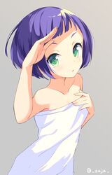  araki_rena bob_cut breasts collarbone commentary_request female green_eyes grey_background looking_afar looking_at_viewer mimura_zaja naked_towel parted_lips purple_hair short_hair simple_background small_breasts solo tokyo_7th_sisters towel twitter_username 