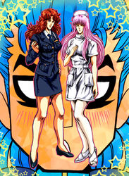  2girls airi_(hokuto_no_ken) blue_hair blush closed_eyes commentary_request dd_hokuto_no_ken formal hand_on_own_chest hand_on_own_hip hat high_heels hokuto_no_ken long_hair mamiya_(hokuto_no_ken) multiple_girls necktie norie nurse nurse_cap outline photoshop_(medium) rei_(hokuto_no_ken) shoulder_pads skirt smile star_(symbol) white_legwear yo-yo 