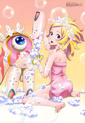  :d absurdres arm_grab arm_up asabuki_kogane ass back bare_shoulders barefoot bathing blonde_hair blue_eyes blush breasts bubble bubuki_buranki feet female flower from_side full_body gradient_background hair_flower hair_ornament happy highres holding legs long_hair looking_at_viewer looking_back megami_magazine naked_towel non-web_source official_art one-eyed open_mouth orange_background pink_background scan side_slit sitting small_breasts smile soap_bubbles soles sponge standing swept_bangs toes towel wariza washing wavy_hair wet 