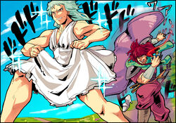  2boys blue_hair boots braid cape chasing commentary_request crossdressing dress eyelashes fleeing green_scarf high_heels hokuto_no_ken lipstick long_hair makeup male_focus multiple_boys muscular photoshop_(medium) red_eyes red_hair rei_(hokuto_no_ken) scarf shoulder_pads smile sparkle speed_lines twin_braids white_dress yazaki_(yazakc) yuda_(hokuto_no_ken) 