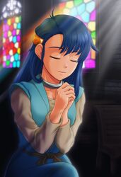  blue_hair choker church closed_eyes commentary_request dragon_quest dragon_quest_vi dress female highres kurotama_saki long_hair own_hands_clasped own_hands_together praying solo stained_glass tania_(dq6) 