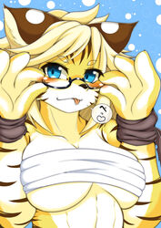  adjusting_eyewear animal_ears bare_shoulders bespectacled black-framed_eyewear blonde_hair blue_background blue_eyes blush breasts claws cleavage collarbone eyebrows_visible_through_hair female female fullbokko_heroes furry glasses hands_up heart highres large_breasts looking_at_viewer megane_inu no_humans paws sarashi short_hair simple_background solo speech_bubble spoken_heart text tongue tongue_out translation_request two-tone_background underboob upper_body zhang_fei_(fullbokko_heroes) 