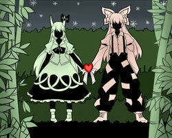  2girls ascot bad_id bad_pixiv_id bamboo bamboo_forest boots bow dress dress_shirt eien_no_sai_tori ex-keine faceless forest fujiwara_no_mokou hair_ribbon hairbow heart horn_ornament horn_ribbon horns kamishirasawa_keine long_hair multiple_girls nature pants ribbon shirt standing suspenders touhou 