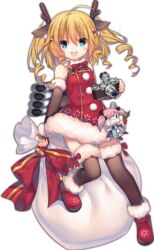  ahoge animal_ears antlers azur_lane black_thighhighs blonde_hair blue_eyes camera character_doll christmas deer_ears dress drill_hair fake_animal_ears female full_body gridley_(azur_lane) gridley_(christmas_photoshoot)_(azur_lane) horns official_alternate_costume official_art pom_pom_(clothes) red_dress ringlets santa_costume saratoga_(azur_lane) shenbei_xiaoqiu short_hair solo tachi-e thighhighs transparent_background twin_drills 