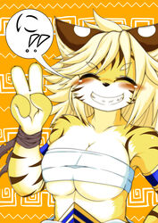  animal_ears armlet armpits bare_shoulders blonde_hair blush breasts claws cleavage closed_eyes collarbone eyebrows_visible_through_hair female female fullbokko_heroes furry hand_up happy highres large_breasts megane_inu no_humans sarashi sharp_teeth short_hair simple_background skindentation smile solo speech_bubble teeth text translation_request two-tone_background underboob upper_body v yellow_background zhang_fei_(fullbokko_heroes) 