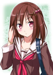  adjusting_hair blush borrowed_character bracelet brown_hair commentary_request female food hair_bobbles hair_ornament hairclip jewelry morinaga_koeda nori_tamago one_side_up original photoshop_(medium) pocky red_eyes school_uniform serafuku solo 