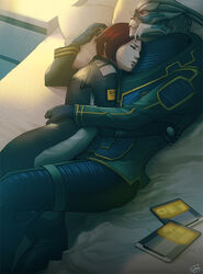  1boy alien bed casual commander_shepard commander_shepard_(female) commentary_request couple female fewer_digits garrus_vakarian hug interspecies lips mass_effect_(series) mass_effect_2 mass_effect_3 on_bed photoshop_(medium) pillow red_hair scar short_hair sleeping sleeping_on_person straight tears turian wei 