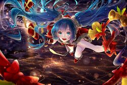  aqua_eyes aqua_hair bell christmas female floating_hair flying gift hatsune_miku highres long_hair night open_mouth phino solo sunrise twintails very_long_hair vocaloid 