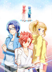  4boys asuka_(bbgu) bandaged_arm bandages bike_shorts blonde_hair blue_eyes blue_hair commentary_request dougi female glasses gundam gundam_build_fighters gundam_build_fighters_try highres hood hoodie hoshino_fumina iori_sei jacket kamiki_sekai karate_gi kousaka_yuuma looking_at_viewer multiple_boys ponytail red_eyes red_hair reiji_(gundam_bf) scrunchie smile sports_bra track_jacket 