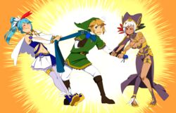  2girls artofthelion blonde_hair blue_eyes blue_hair boots breasts cia_(the_legend_of_zelda) cia_(zelda_musou) dark_skin high_heel_boots high_heels lana_(the_legend_of_zelda) lana_(zelda_musou) link medium_breasts multiple_girls red_eyes scarf small_breasts the_legend_of_zelda white_hair zelda_musou 