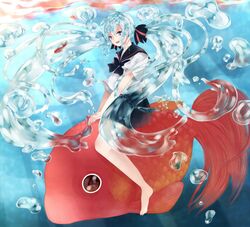  aqua_eyes aqua_hair bad_id bad_pixiv_id barefoot bottle_miku female fish hair_ribbon hatsune_miku liquid_hair long_hair mora open_mouth ribbon riding school_uniform serafuku skirt solo submerged twintails underwater very_long_hair vocaloid water 