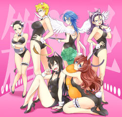  6+girls :d ahoge animal_ears annotated arakita_yasutomo bare_legs black_hair blonde_hair blue_eyes blue_hair blush bodysuit bow bowtie breasts carrot cat_ears cat_tail commentary_request cow_girl cow_horns cow_tail fake_animal_ears frills fukutomi_juichi full_body genderswap_(mtf) hands_on_own_hips heart high_heels highres horns hugging_object izumida_touichirou kisaragi_mizu kittysuit large_breasts leotard long_hair manami_sangaku multicolored_hair multiple_girls nontraditional_playboy_bunny open_mouth photoshop_(medium) pink_background playboy_bunny purple_hair rabbit_ears rabbit_tail red_hair rule_63 shinkai_hayato short_hair simple_background smile standing stuffed_carrot stuffed_toy tail teeth thigh_strap tomboy toudou_jinpachi tray twisted_torso v-shaped_eyebrows wings wrist_cuffs yowamushi_pedal 