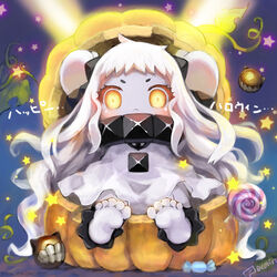  abyssal_ship anklet bad_id bad_pixiv_id barefoot candy chibi colored_skin dress feet female food halloween horns jewelry kantai_collection lollipop long_hair looking_at_viewer mittens northern_ocean_princess pecorin photoshop_(medium) pumpkin sitting soles toes translated white_dress white_hair white_skin yellow_eyes 