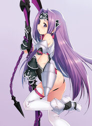  armor ass bare_shoulders blush breasts chains collar commentary_request fate/grand_order fate_(series) female from_side gauntlets greaves harpe headgear hip_vent kazuma_muramasa leg_up leotard long_hair medusa_(fate) medusa_(lancer)_(fate) parted_lips photoshop_(medium) polearm purple_background purple_eyes purple_hair scythe sidelocks simple_background small_breasts solo sweat thigh_strap thighhighs very_long_hair weapon white_background white_thighhighs 