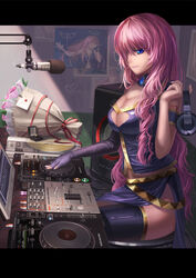  blue_eyes bouquet breasts cleavage cleavage_cutout clothing_cutout commentary female fingerless_gloves flower gloves headphones heart heart_cutout highres long_hair medium_breasts megurine_luka microphone photoshop_(medium) pink_hair poster_(object) saber_01 sitting skirt solo speaker thighhighs turntable vocaloid zettai_ryouiki 