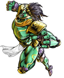  3d_(artwork) black_hair bottomwear clothed clothing digital_media_(artwork) gloves green_body green_skin hair handwear hirohiko_araki humanoid jojo&#039;s_bizarre_adventure loincloth male markings meme muscular muscular_humanoid muscular_male not_furry official_art open_mouth orange_eyes punch scarf shoulder_pads simple_background skimpy solo stand_(jjba) star_platinum teeth tongue white_background yelling yellow_markings 